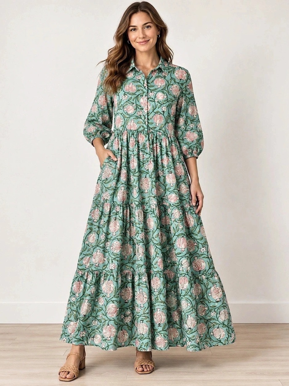 Blue Heron Boutique Pomegranate Block Print Tiered Maxi Dress Small Pockets